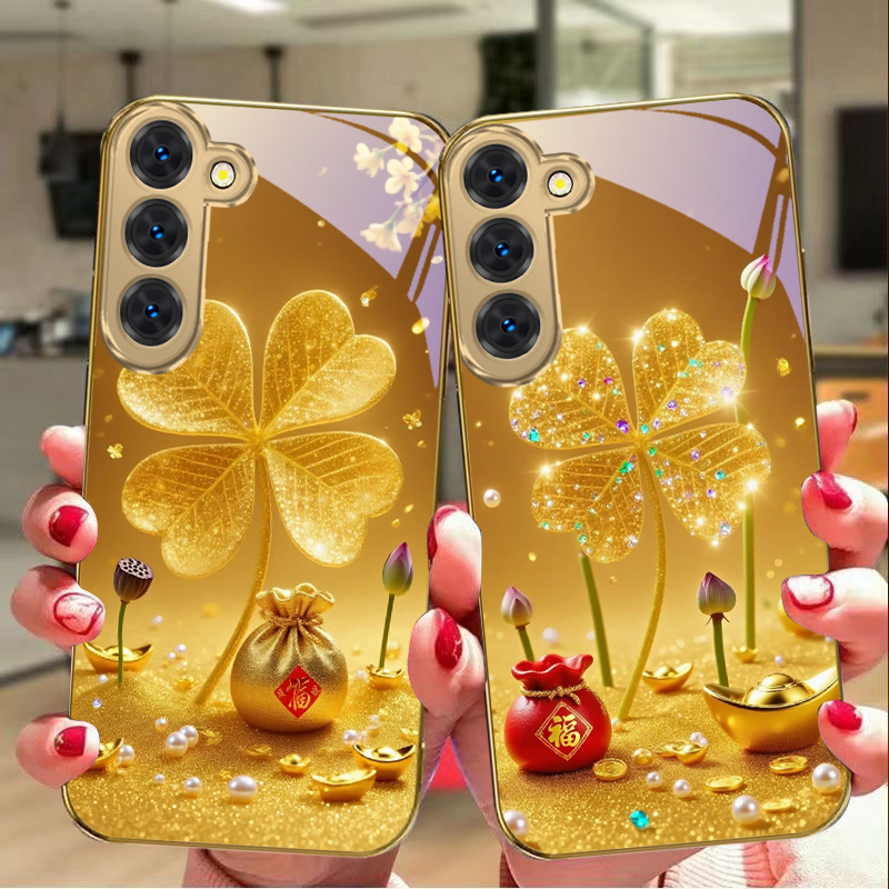 Tablet S9 Fe Accessories - เคสโทรศัพท์มือถือลายโคลเวอร์สีทองขนาดใหญ่ สำหรับ Samsung Galaxy S26 S20